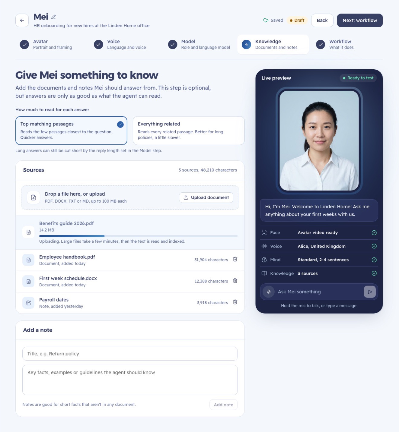 The knowledge step, with uploaded documents, quick notes and the fallback line
