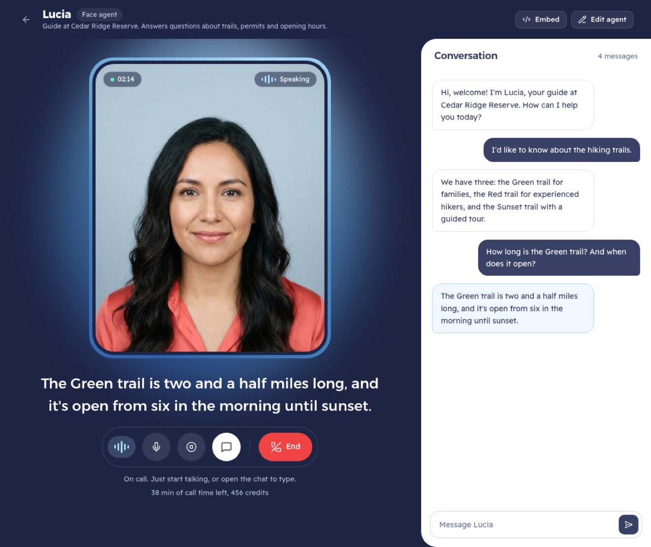 A live conversation with a face agent, showing the avatar, its caption and the transcript